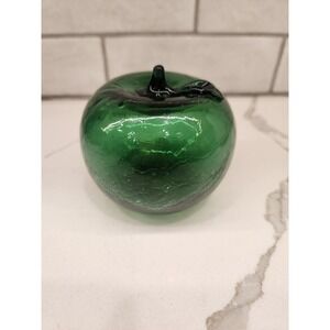 Vintage Green Art Glass Apple Crackle Retro Fruit Paper Weight Hand Blown‎